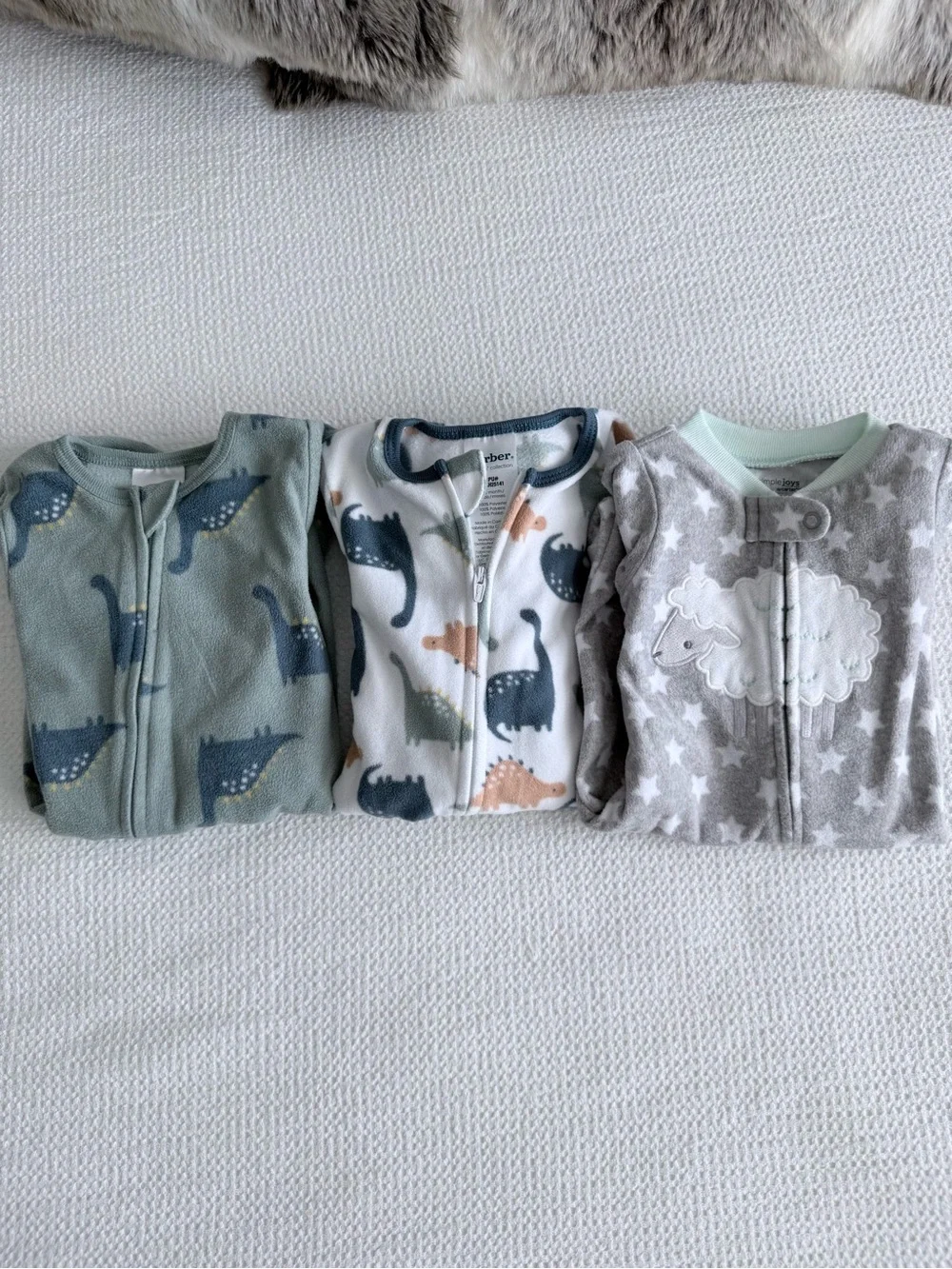 4-Pack Multi-Color Baby Fleece Footed Onesies- Dinosaur & Sheep Prints